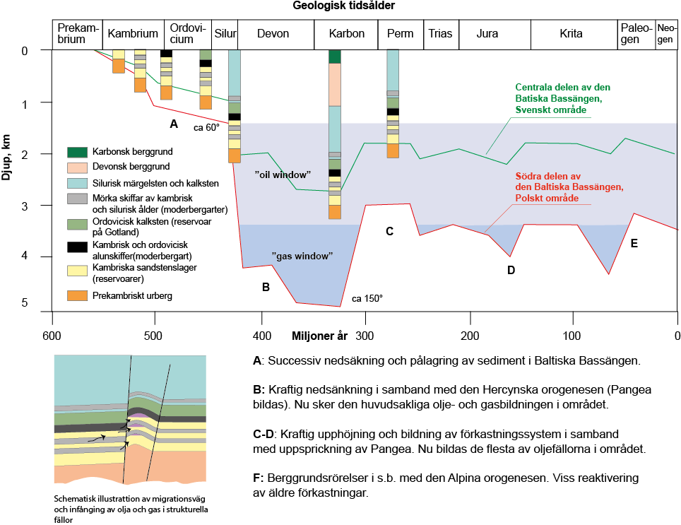 Fig. 2: Illustration över de relativa förhållanden som gäller för kolvätegenes i berggrunden med avseende temperatur, djup och mognadsgrad. (figur hämtad från Erlström m.fl., 2014).