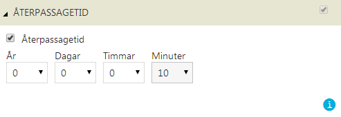 ÅTERPASSAGETID Här anges om man ska kunna gå in och ut genom grind/vändkors efter första inpassering trots att biljetten är en engångsbiljett. Används om man t.ex.