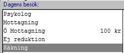 Psykolog mottagningsbesök Psy mott betalkort (Psykologmottagning 100 kr, betalkort) Statistikpinnen hamnar på