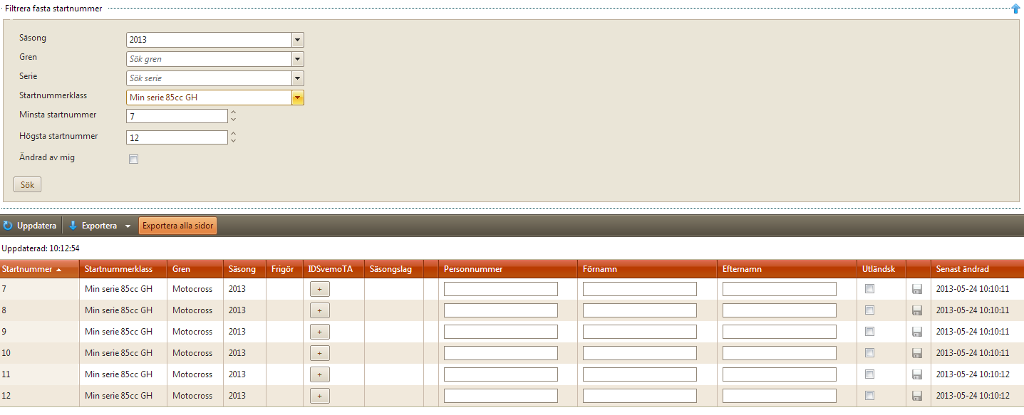 Hantera startnummer Som serieadministratör kan du hantera de startnummerklasser som du satt upp i serien. Om du inte satt upp några startnummerklasser, se då rubrik Tävlingsklassinställningar.