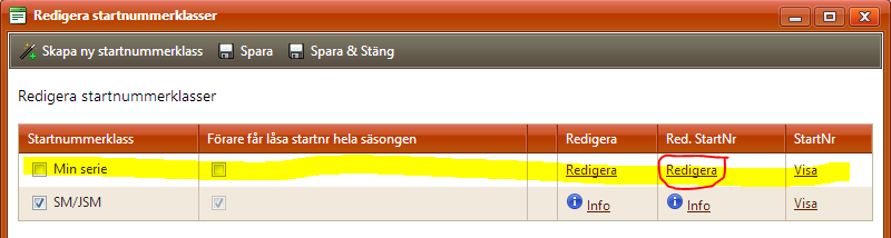 Fyll här i ett namn på startnummerklassen och välj om startnummerklassen ska vara valbar för förare och vara synlig på publika sidor. Klicka sedan på Spara.