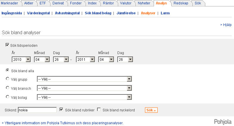 6. Analyser På sidan Analyser får du läsa analyser från Pohjola aktieanalys.