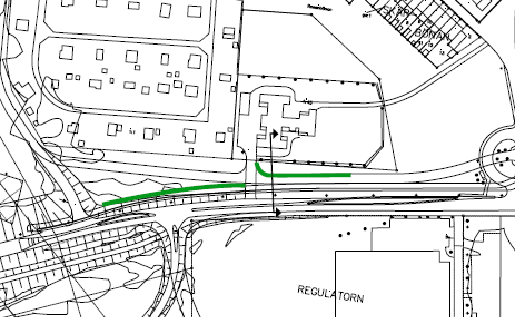 11(23) Gröna linjer visar exempel på hur bullerskärmar skulle kunna placeras i det fall Fiskebyvägen genomförs.