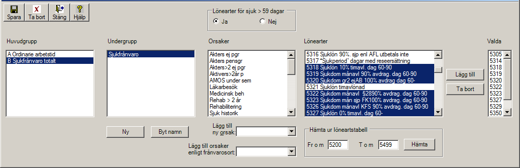 39 Här har du också möjlighet att ställa in vilka timmar som ska räknas som sjukfrånvaro > 59 dagar och därför välja de lönearter som är aktuella.