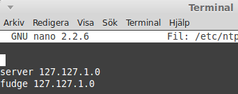 Så här ser mottagarens konfigurationsfil ut: Figur 15. Även datorn som ska agera server måste ha NTP igång. NTP hämtar tiden från serveradressen, vilket är datorns egen adress.