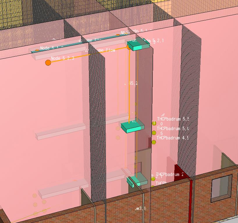 Figur 14 Ventilationssystemets uppbyggnad i FDS där de orangea linjerna symboliserar ventilationskanaler och de gröna obstruktionerna symboliserar