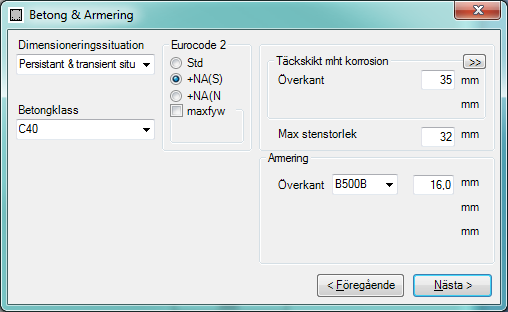 caeec209 Pelartopp Sidan 8(12) 2.2.1 Betong & Armering När guiden startas visas en ny dialogruta (Figur 7)där indata för Betong & Armering anges (dessa instruktioner gäller även då indata matas in manuellt).