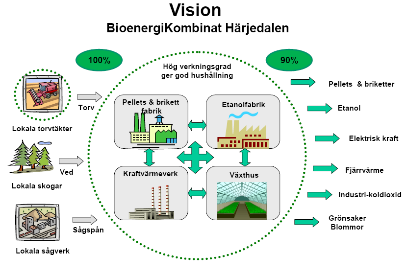 10-15 MW grön el. Se Figur 7 för vision över kombinatet. (Görgård, Fritz 2009) Tanken med kombinatet är att lokal och förnyelsebar skogsråvara skall omvandlas till ett regionalt biobränsle.