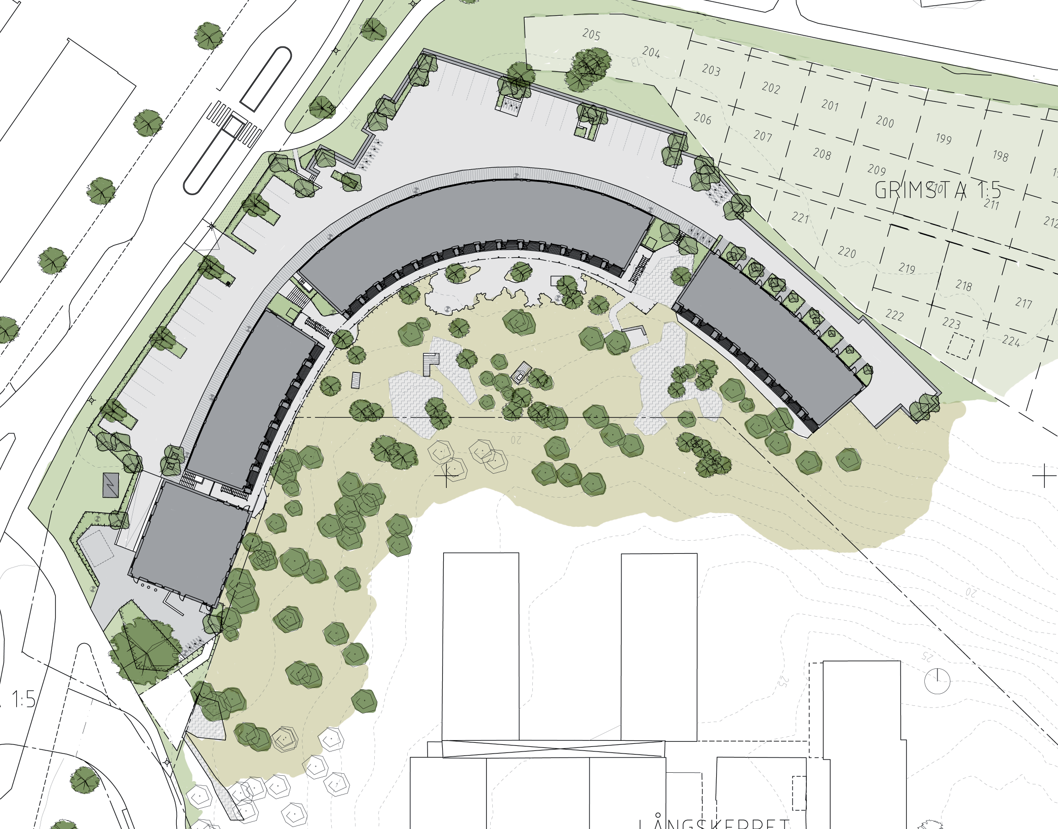 MARK SITPLAN SID 12 stödmur av gabioner SITUATIONSPLAN Förslaget bygger på att skapa en platå kring byggnaderna som sträcker sig in i dagens naturmark på en och samma höjdnivå.