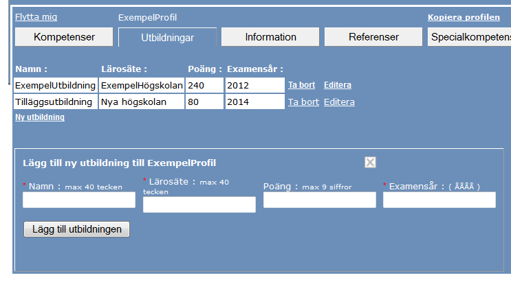 Informationsdelen fungerar lite annorlunda. Först visas en icke editerbar vy.