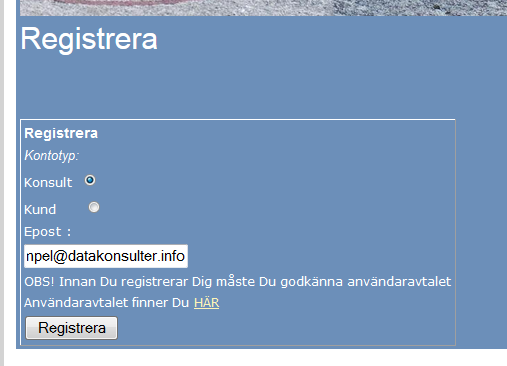 När du godkänt användaravtalet låses Registrera-knappen upp och du kan verkställa registreringen.