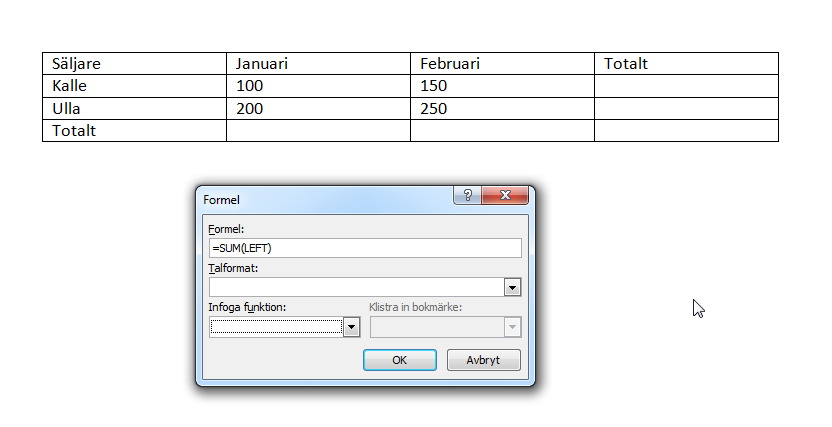 Jag ställer mig i en ruta där jag vill ha en beräkning, väljer Layout från Tabellverktyg och i verktygsgruppen Data väljer jag Formel.