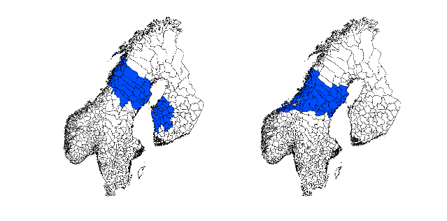 I Figur 7 visas alla kommuner där en lastbärare som startar i kommunen och ska till närmaste atlanthamn väljer Mosjøen/Mo i Rana hamn för utskeppning.