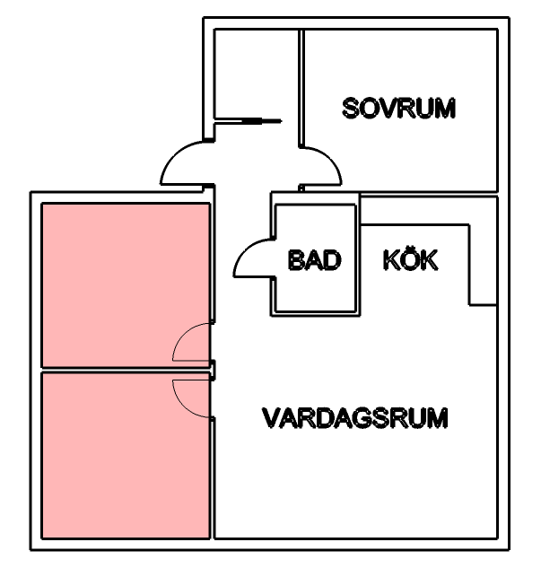 Ett extra sovrum (rosa) + större kök (blå) Om B-modulen istället kopplas på
