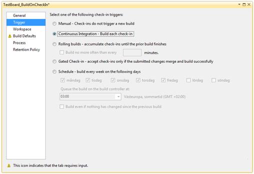 Figur 8: Sektionen "Trigger" som visas när en ny "build definition" skapas Nästa sektion är "Workspace", se figur 9. Här anger utvecklaren vilken mapp som ska byggas.