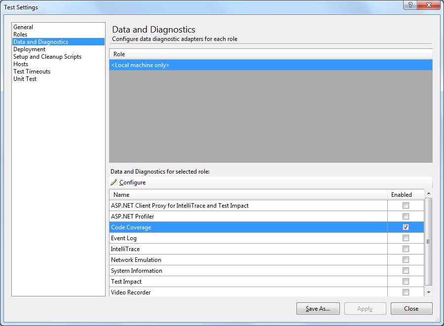 Aktivera Code Coverage För att Code Coverage ska visas korrekt I Ninetech-Testboard krävs att TFS analyserar koden efter det. För att aktivera detta, öppna ditt projekt i Visual Studio.