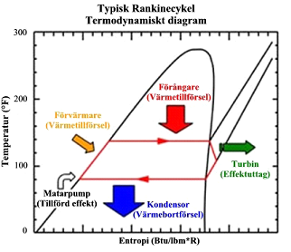 Figur 15 visar ett T-S diagram som illustrerar olika steg i processen. Figur 15: Diagram. Termodynamiskt diagram av ORC-process. (11) D.