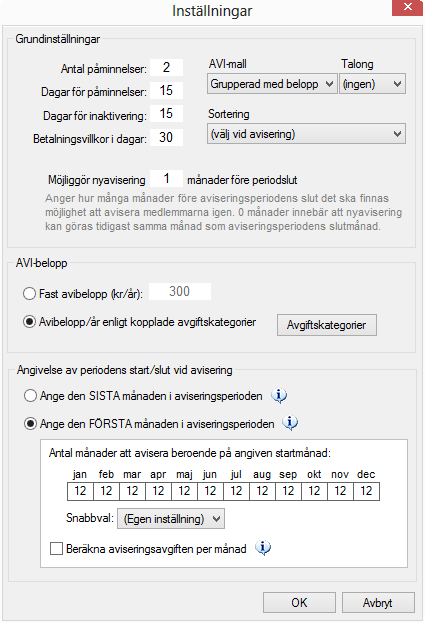 Inställningar Aviseringsinställningar Inställningar för hantering av medlemsavier mm Antal påminnelser är hur många påminnelser ni skickar ut innan medlemmen automatiskt blir inaktiv.