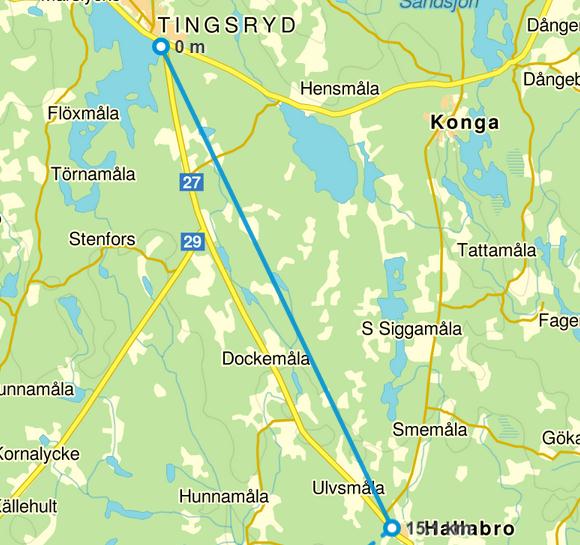 EJ PLANERAD OMBYGGNAD MELLAN HALLABRO TINGSRYD Sträckan är 16 km Ny väg 100km/h