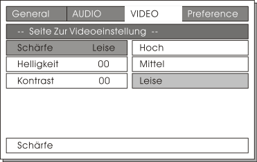 2) Audio : Här kan du ställa in systemets Audio Output modus. Du har två möjligheter: Single track output modus eller Stereo output modus. 3) Video : Här kan du justera video output signalen.