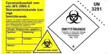 Cytostatikaavfall Skärande/stickande kan ingå Smittförande avfall VIKTIGT att förpackningen märks med följande etikett innan utplacering på avdelningen: Förpackning: Godkända förpackningar för