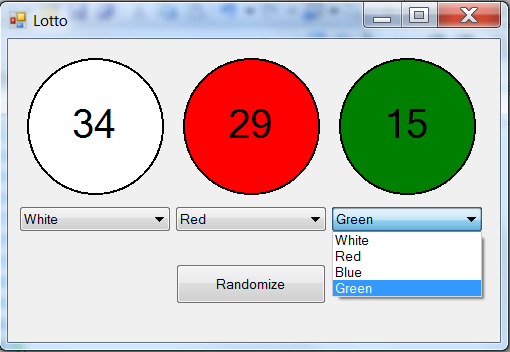 6. Uppgiften går ut på att skapa nedanstående fönster. I fönstret visas hela tiden en grafisk representation av 3 lottobollar.
