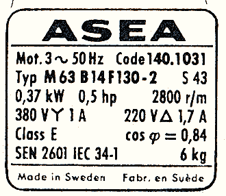 Lektion Elkraft: En till märkplåt Märkplåt för en kortsluten asynkronmotor. Y-inkoppling, 380V, 1A, 0.5hp D-koppling, 220V, 1.7A, 0.