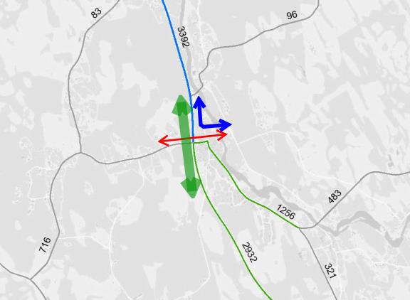 Bild 2: Säkerhetsrefuger i X-korsningen i Nedervetil. Trafikmängder (årsmedeldygnstarfik år 2015) har hämtats från trafikverkets uppgifter (se bild 3).