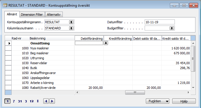 Välj den önskade kontouppställningen: För att exportera kontouppställningen till Excel, tryck på knappen Kontouppställning och välj Översikt: För att bifoga kontouppställningen till Microsoft Excel,