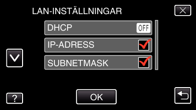 Använda Wi-Fi (GZ-EX515/GZ-EX510) Redigera LAN-inställningar för anslutningspunkter (trådlös LAN-router) Ändra efter vad som krävs, om du tex vill ställa in IP-adress för kameran 1 Tryck på MENU 0