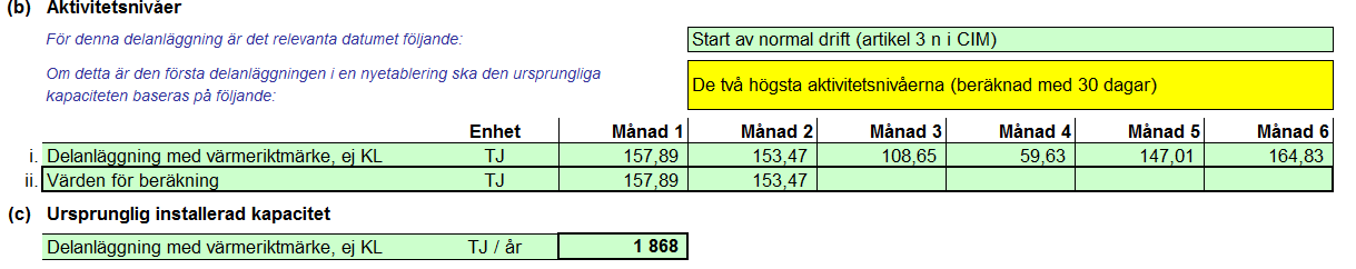 Data i tabellen under punkt (b) hämtas automatiskt från antingen blad D_Emissions eller E_EnergyFlows, därför är datainmatning obligatorisk där.