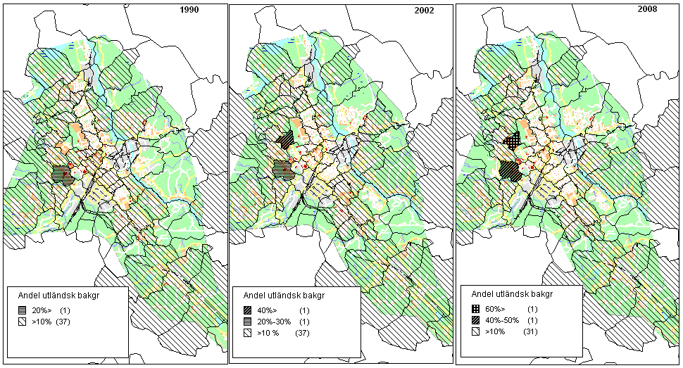 Figur 16. Andel befolkning med utländsk bakgrund per SAMS-område 1990, 2002 och 2008.