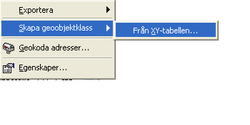 I ArcCatalog, markera filen, högerklicka och välj skapa Geoobjektklass -> Från XY tabellen -> välj fält som ska visas, x och