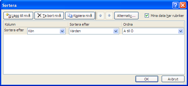 Välj sedan fliken Data och under denna Sortera. Välj: Sortera efter Kön och klicka sedan OK. (Se nästa sida.