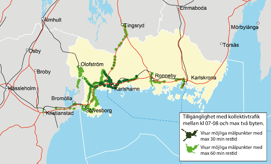 Trafikförsörjningsprogram 2016 2019. Förslag till regionstyrelsen Sölvesborg har en hög pendlingsbarhet till flera centralorter i Blekinge och Skåne. Totalt nås fem olika kommunhuvudorter.