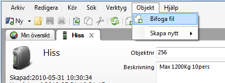 Fliken Bifoga fil på Ärende eller Objekt En fil som bifogas på ett ärende eller ett objekt, är lagrad på RemoteX server.