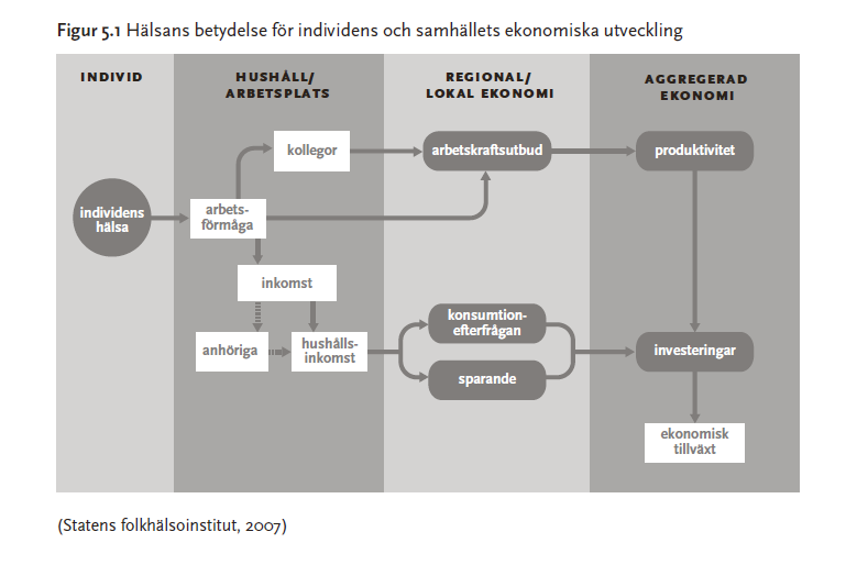 Ekonomiska vinster att arbeta för en god folkhälsa Hälsa uppmärksammas alltmer som ett medel för ekonomisk utveckling, såväl på individnivå som på regional och nationell nivå.