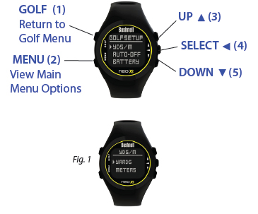 GOLF menyalternativ Inställningsmenyn kan du ange inställningar för måttenheter i Play Golf läge (Yards eller Meter), ställa in Auto-Off tid eller visa Batteriets livslängd.