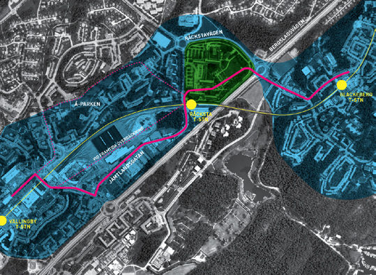 det är mindre än 1 km från råcksta t-banestation via jämtlandsgatan till vällingby C. lika långt från t-banestationen till Blackebergs centrum.