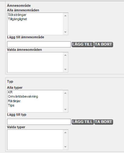 Nu ska du tagga artikeln med lämpliga metadata. Det finns metadata för ämne, ämnesområde och typ. Ämne används inte i nuläget. Ämnesområde är en slags underkategori till Typ.