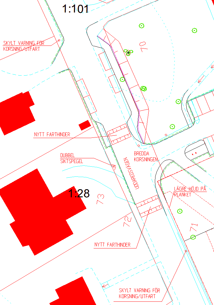 Schematisk bild visande föreslagna åtgärder för att öka trafiksäkerheten vid infarten till parkeringen enligt de båda utformningsalternativen (vänstra bilden alternativ A och C, högra bilden