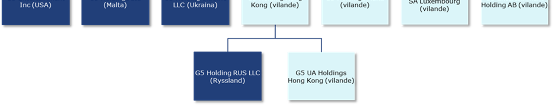 Organisationskarta, april 2014 Under 2013 hade G5 Entertainment AB rörelsedrivande dotterföretag i Ryssland, Ukraina, Malta, och USA, samt passiva dotterföretag i Sverige, Hong Kong och Luxembourg: