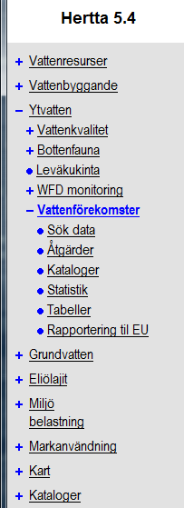 Vesimuodostumat osajärjestelmä (otsikko) Sök data: - Innehåller olika sökkriterier med vilkan man kan söka specifika vattenförekomster Åtgärder - Innehåller sektorvisa vattenvårdsåtgärder kopplade