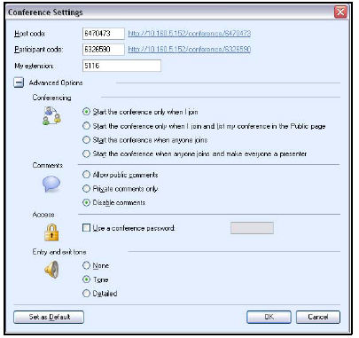 Obs! De avancerade inställningarna kan nås genom att klicka på dialogöppnaren i hörnet i Konferensmenyfliken eller genom att välja Inställningar från Konferens-knappen Konferensinställningar och