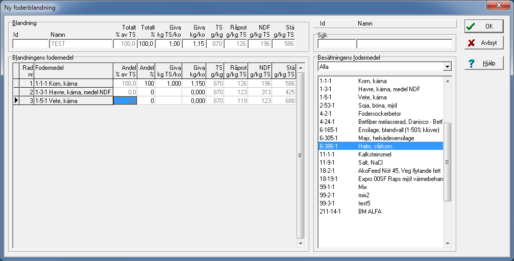 I nästa steg lägger du till de fodermedel som ska ingå genom att dubbelklicka på dem. Du kan välja bland de fodermedel som finns i Besättningens fodermedeltabell.