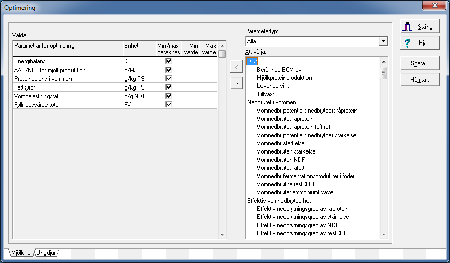 Optimeringsparametrar I Inställningar Optimering väljer du de parametrar du vill att foderstaterna ska optimeras efter. Från början finns en grundinställning vald.