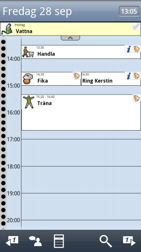 2.1.7 Tidpelare Med inställningen Tidpelare kan man se dagens aktiviteter fördelade efter en tidpelare istället för i en lista, se 13.1.1 Visning.