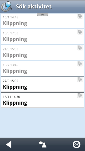 11. Sök aktivitet Ibland behöver man hitta aktiviteter längre bort i tiden, t ex när klippte jag mig senast? eller när ska jag till tandläkaren?