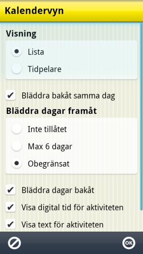 En inställningsmeny visas. För att komma till inställningarna för Kalender väljer man Kalender på sida 1.