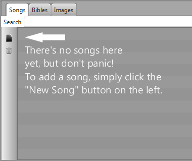 1.3. Lägga till sånger till din databas 1.3.1. Skapa en ny sång Första gången du startar Quelea kommer din sångdatabas att vara tom.